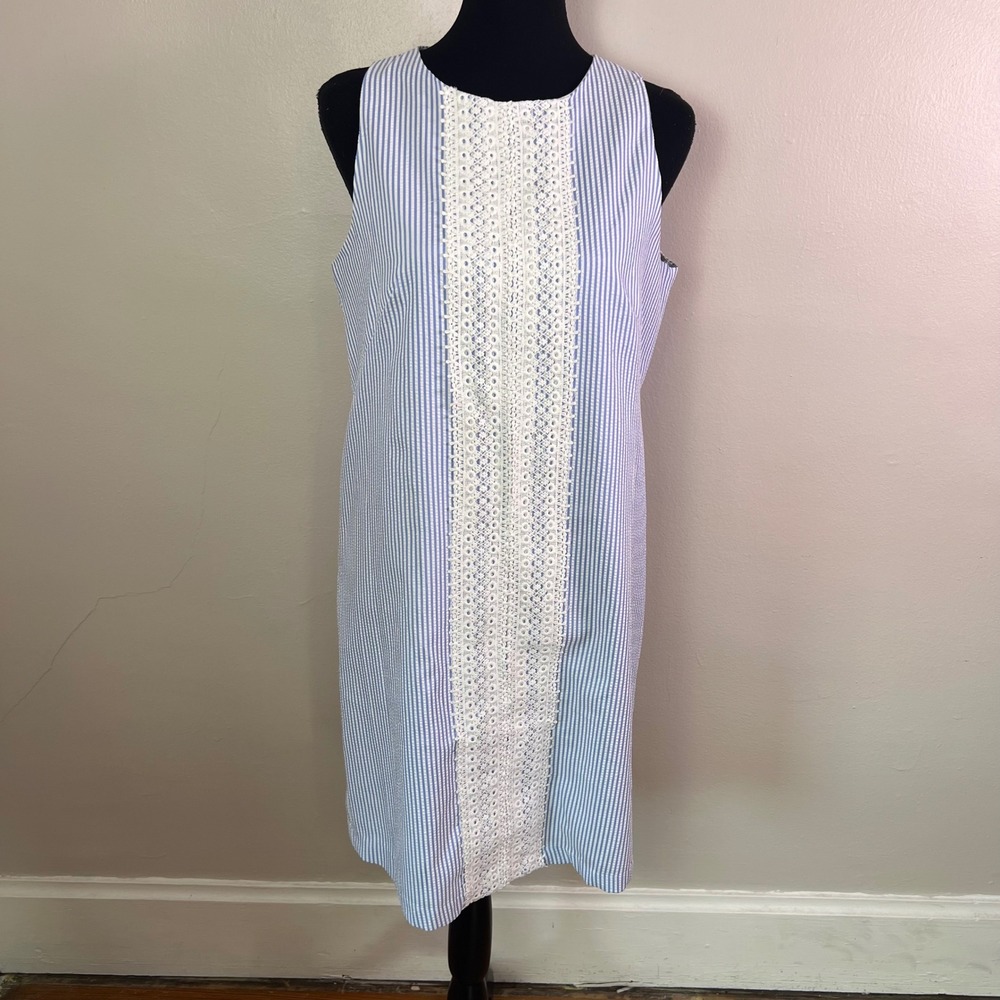 Maggy L Seersucker Shift Dress 10 Blue White Lace Eyelet Preppy Summer Nautical